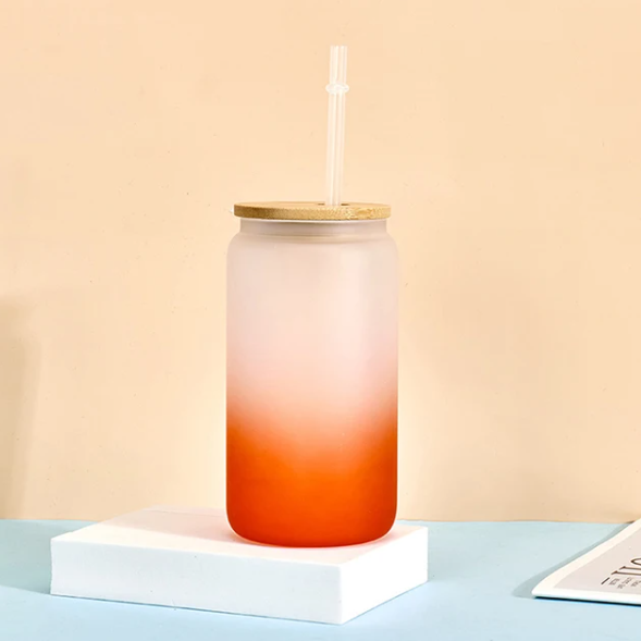 Frosted Glass Drinking Can Bottle 480ml Color Gradient with Bamboo Lid & Borosilicate Straw
