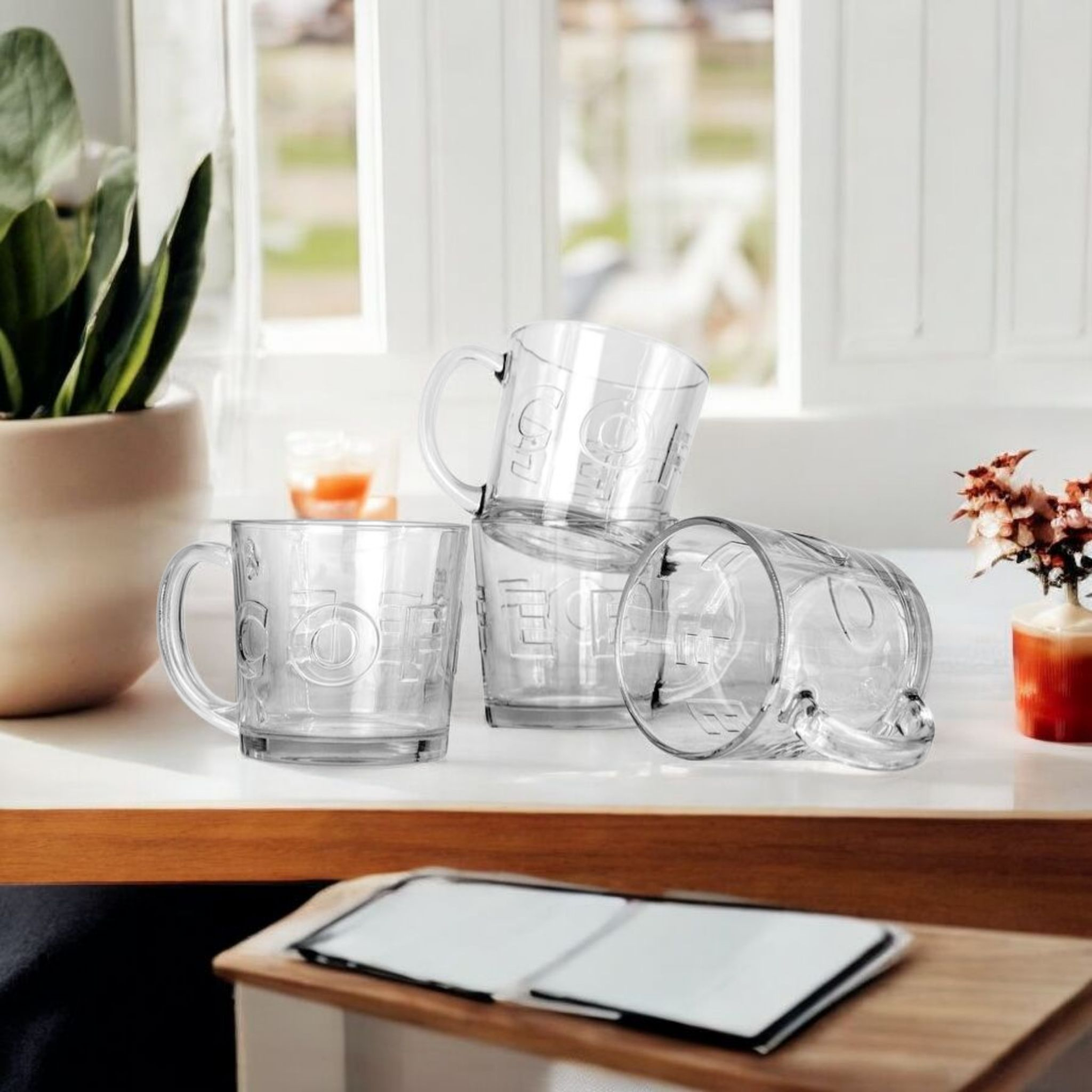 Regent Glass Coffee Mug 380ml Embossed 4pack