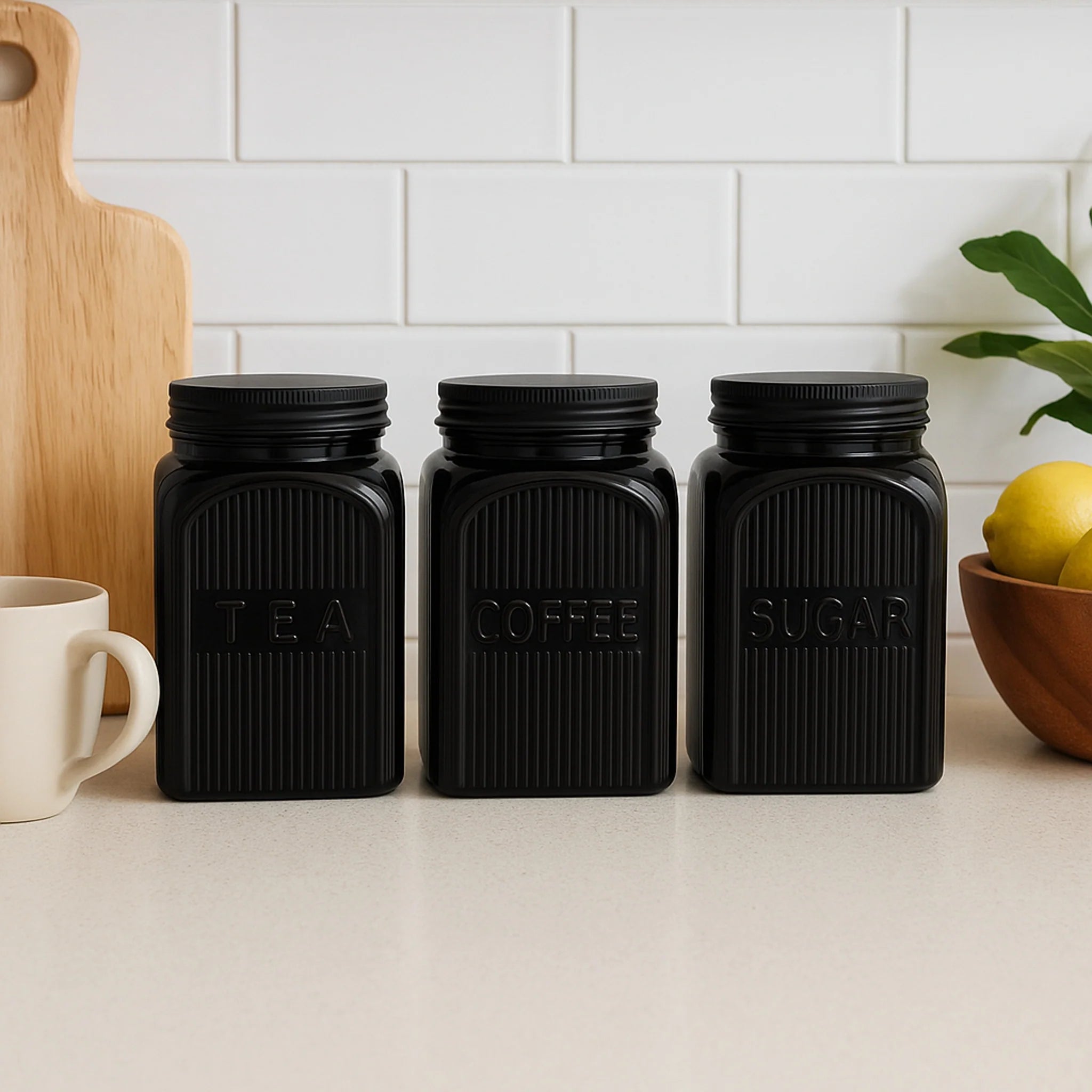 Regent Black Ribbed Square Glass Canister 3pcs Set 1.2L
