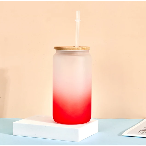 Frosted Glass Drinking Can Bottle 480ml Color Gradient with Bamboo Lid & Borosilicate Straw