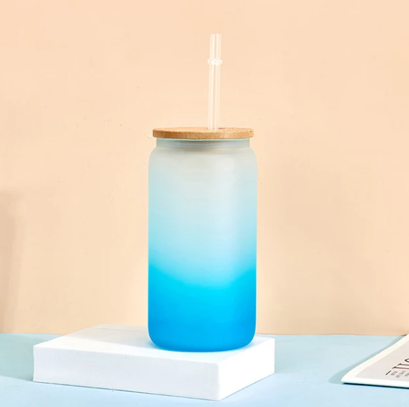 Frosted Glass Drinking Can Bottle 480ml Color Gradient with Bamboo Lid & Borosilicate Straw
