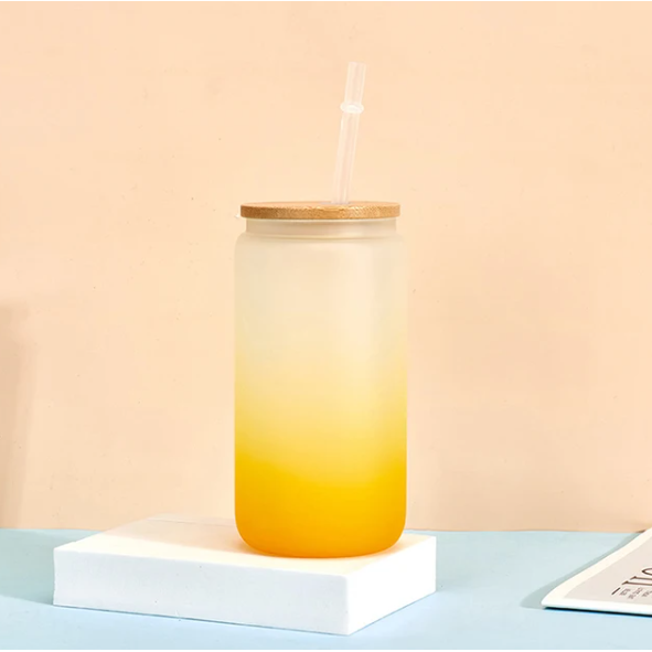 Frosted Glass Drinking Can Bottle 480ml Color Gradient with Bamboo Lid & Borosilicate Straw
