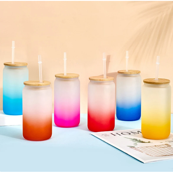 Frosted Glass Drinking Can Bottle 480ml Color Gradient with Bamboo Lid & Borosilicate Straw