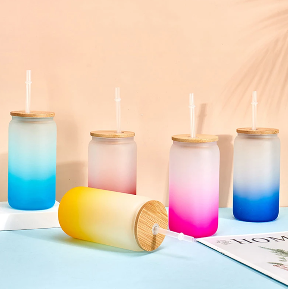 Frosted Glass Drinking Can Bottle 480ml Color Gradient with Bamboo Lid & Borosilicate Straw