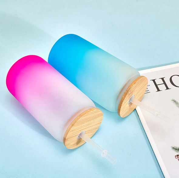 Frosted Glass Drinking Can Bottle 480ml Color Gradient with Bamboo Lid & Borosilicate Straw
