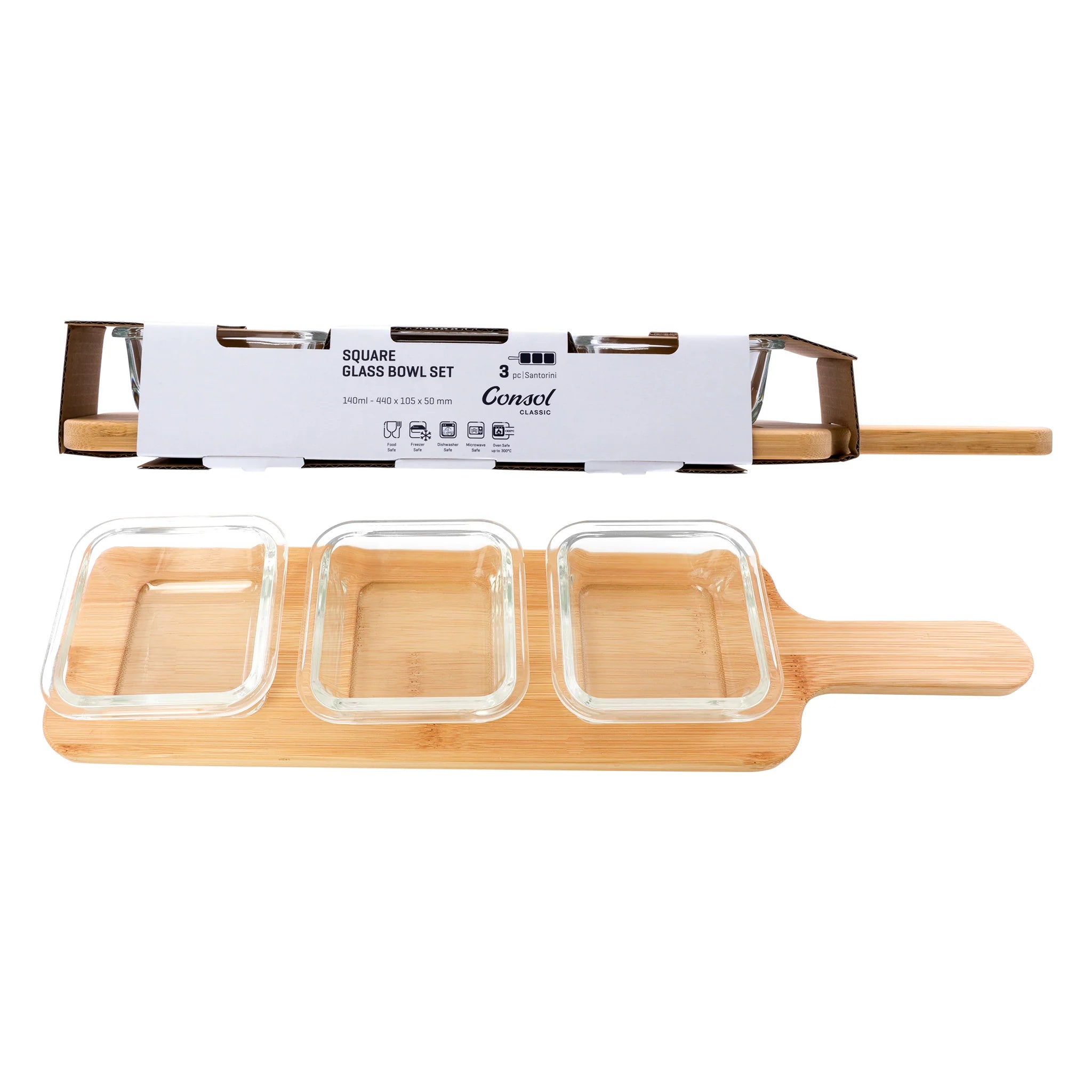 Consol Santorini Square Glass Bowl 140ml with Bamboo Serving Board