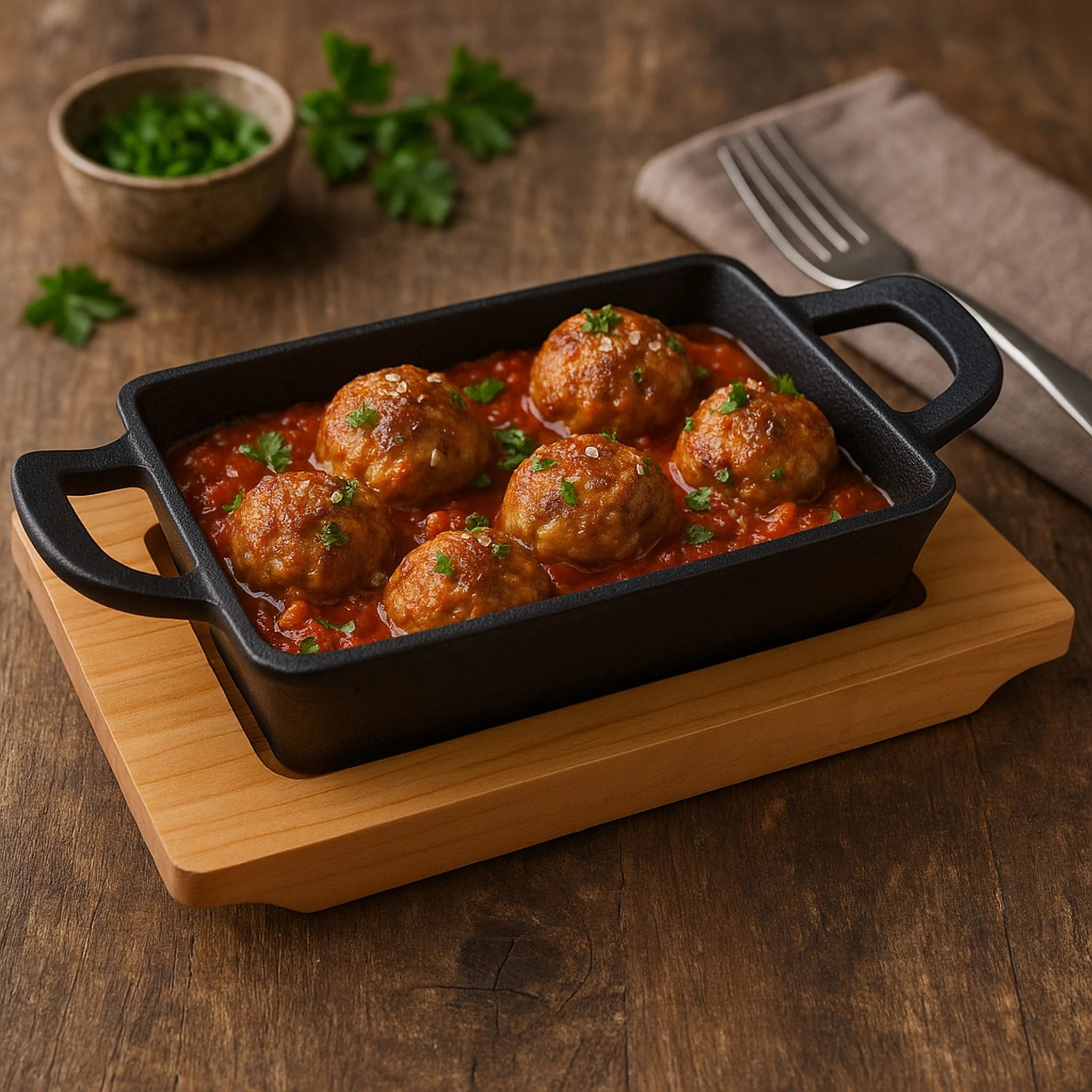 Regent Cookware Cast Iron Rectangle Pan with 2 Handles On Wooden Board