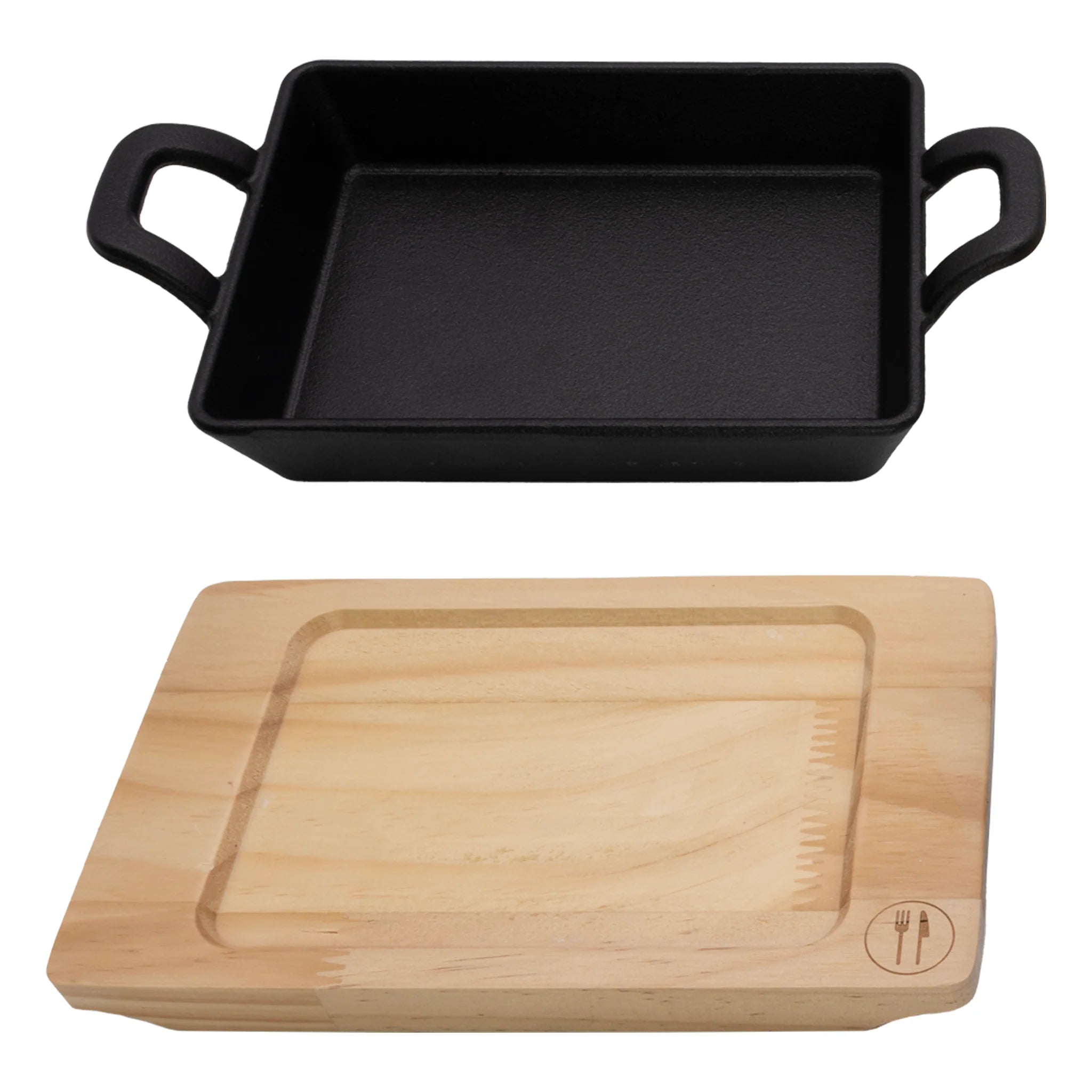 Regent Cookware Cast Iron Rectangle Pan with 2 Handles On Wooden Board