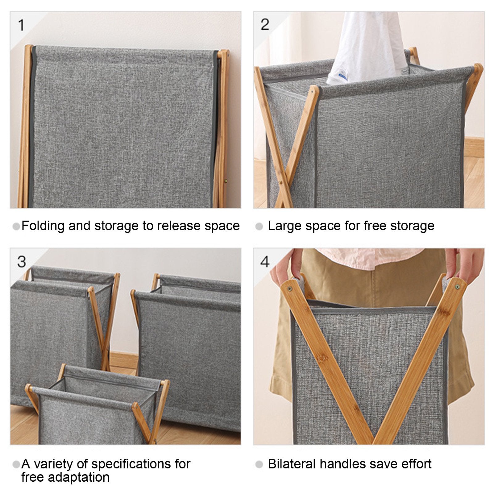 Rustic Bamboo Foldable Fabric Clothes Storage & Laundry Bin Basket 50x34x56.5cm Grey