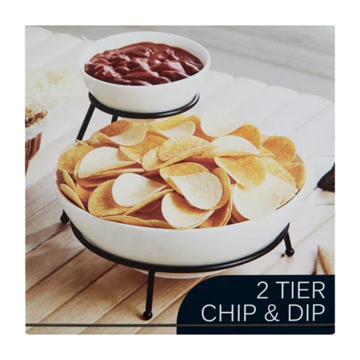 Chip & Dip 2-Tier Ceramic White Round Bowl with holder 4.5inch & 9Inch