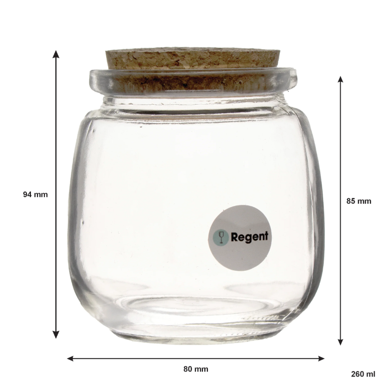 Regent Glass Round Bottle 260ml with Cork Lid 6pack 15511