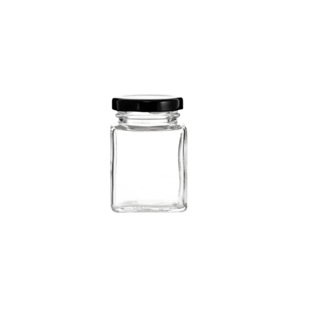 Regent Glass Square Jar 150ml with Black Lid 12pack 15119