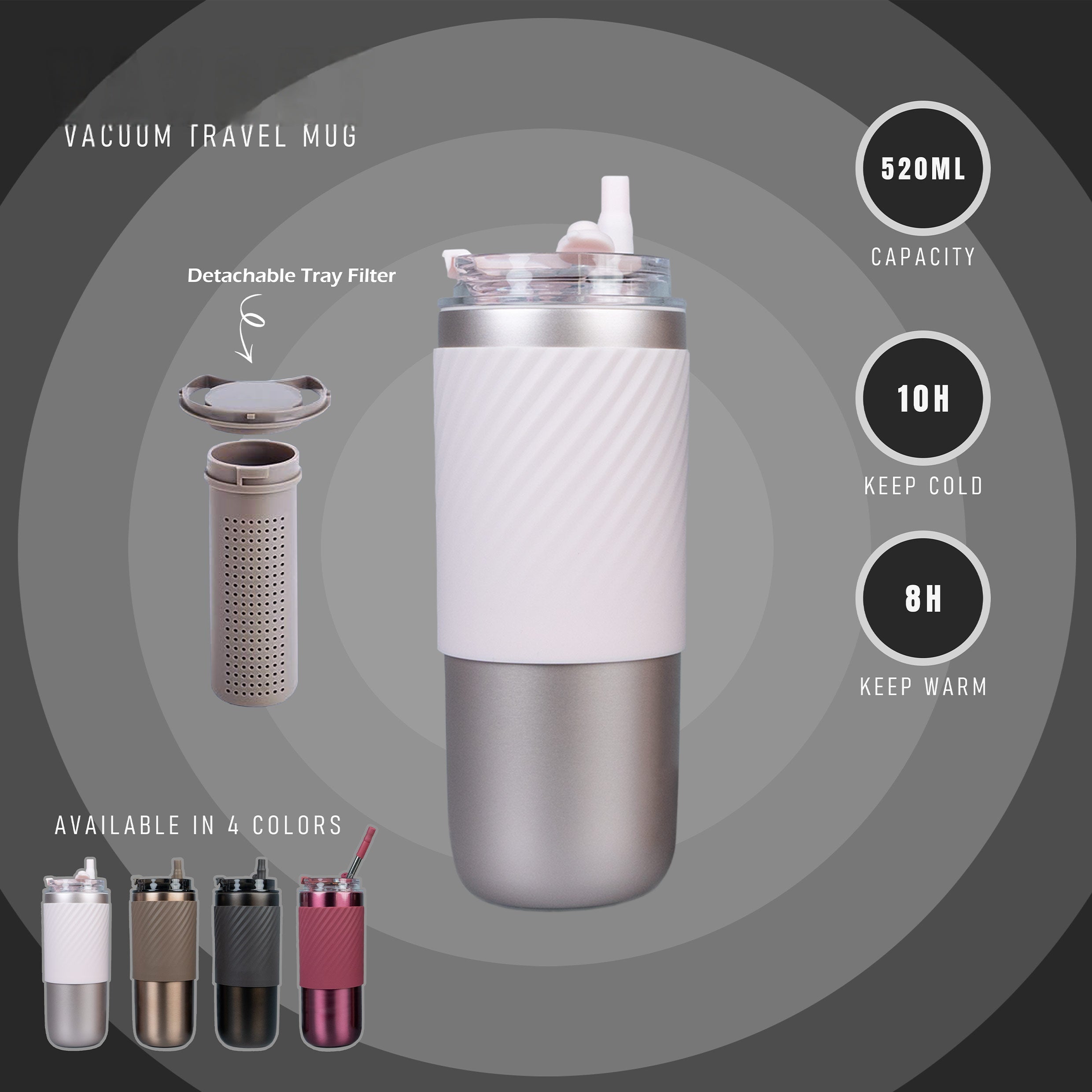 520ml Double-Wall Thermal Tumbler with Silicone Sleeve, Infuser & Retractable Stainless Steel Straw