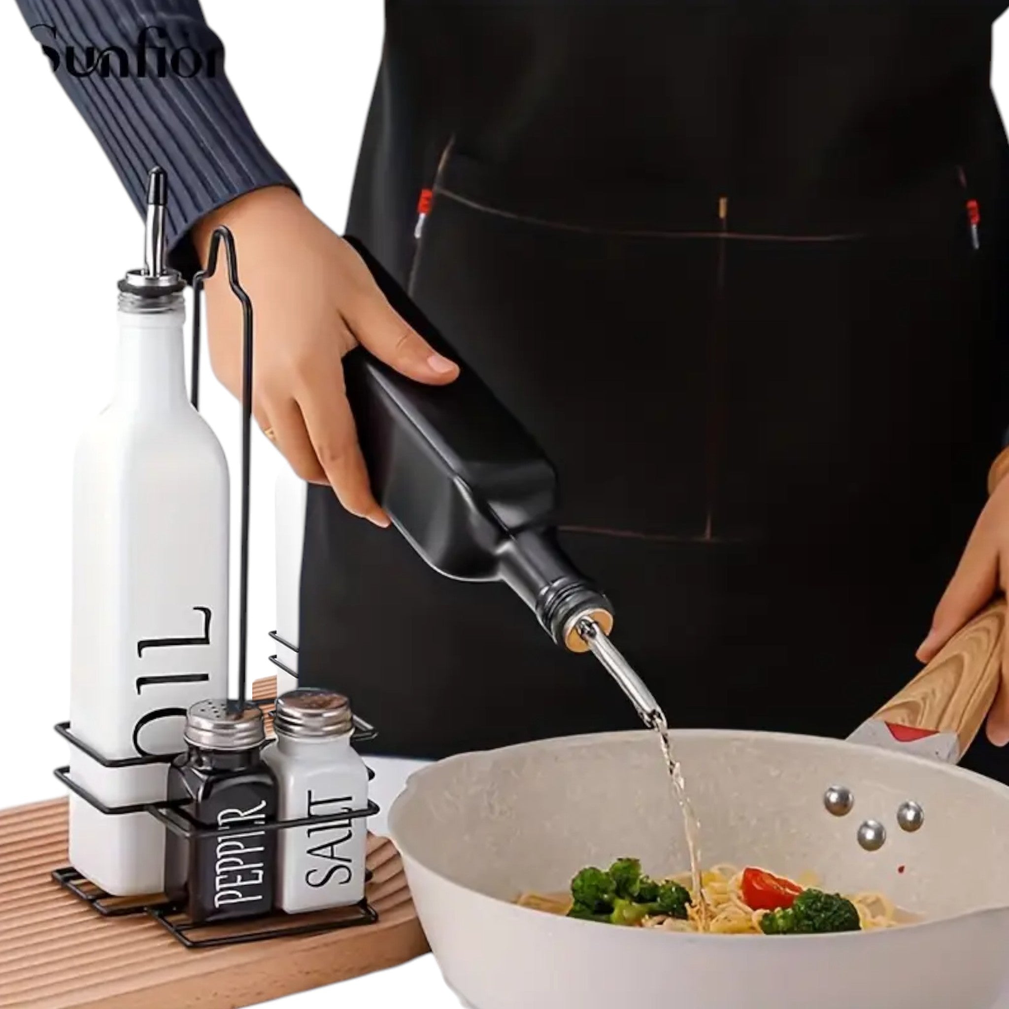 Regent Glass Black and White Condiment 5pc Set-in-a-Caddy 250ml-85ml