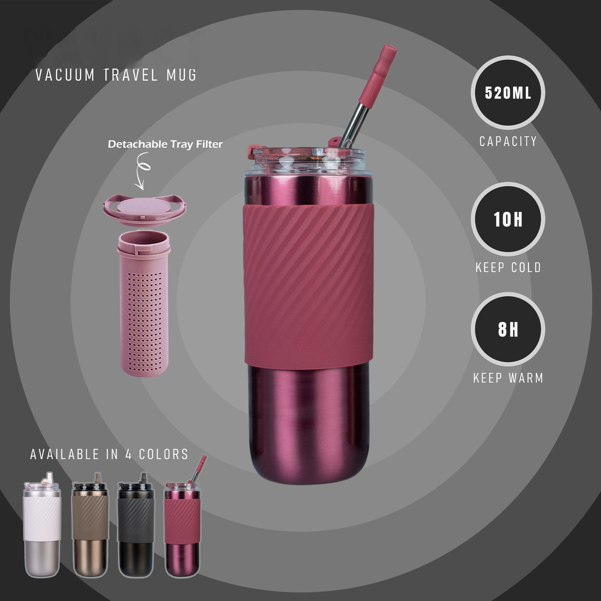 520ml Double-Wall Thermal Tumbler with Silicone Sleeve, Infuser & Retractable Stainless Steel Straw