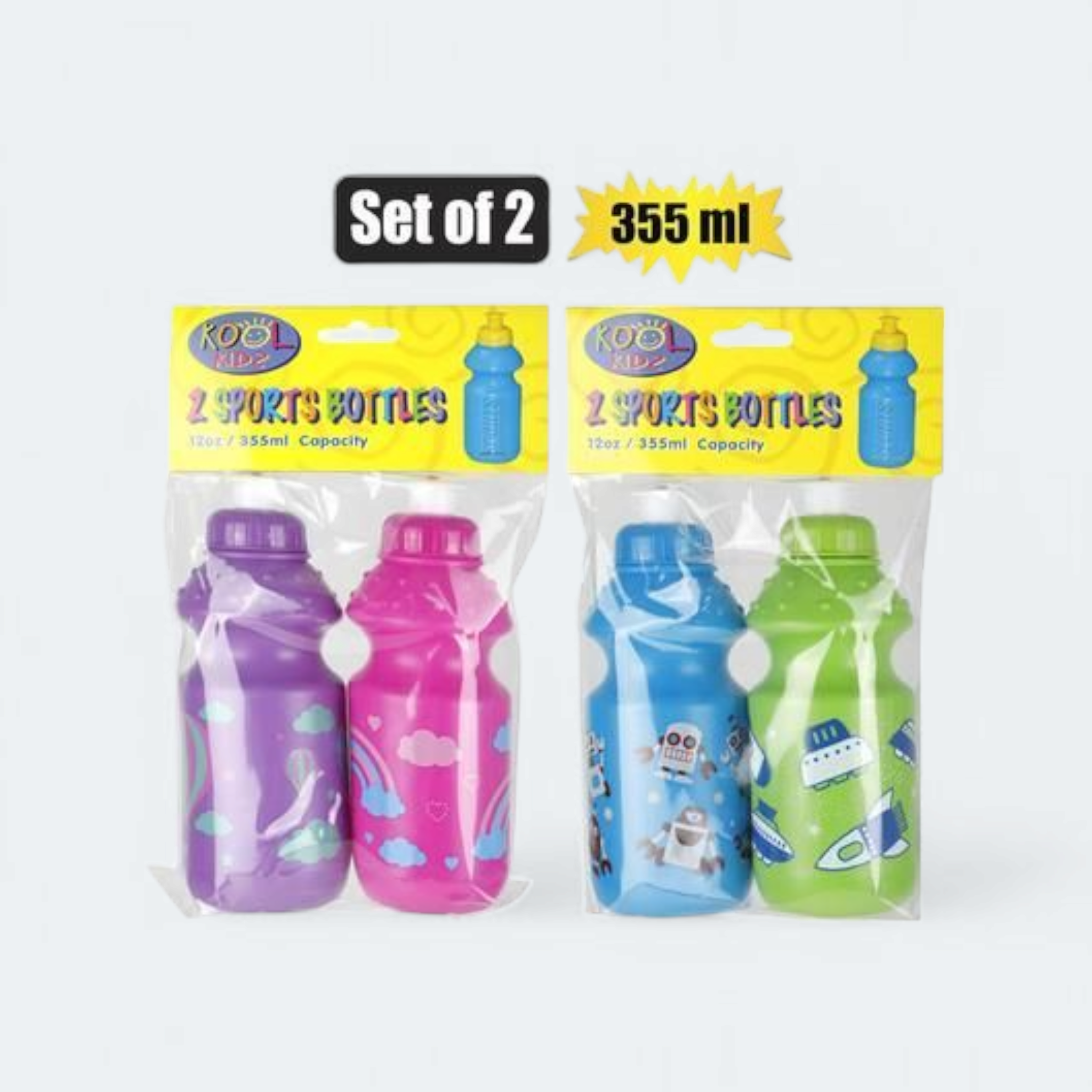 355ml Kool Kidz Sports Water Bottle Plastic 2pack
