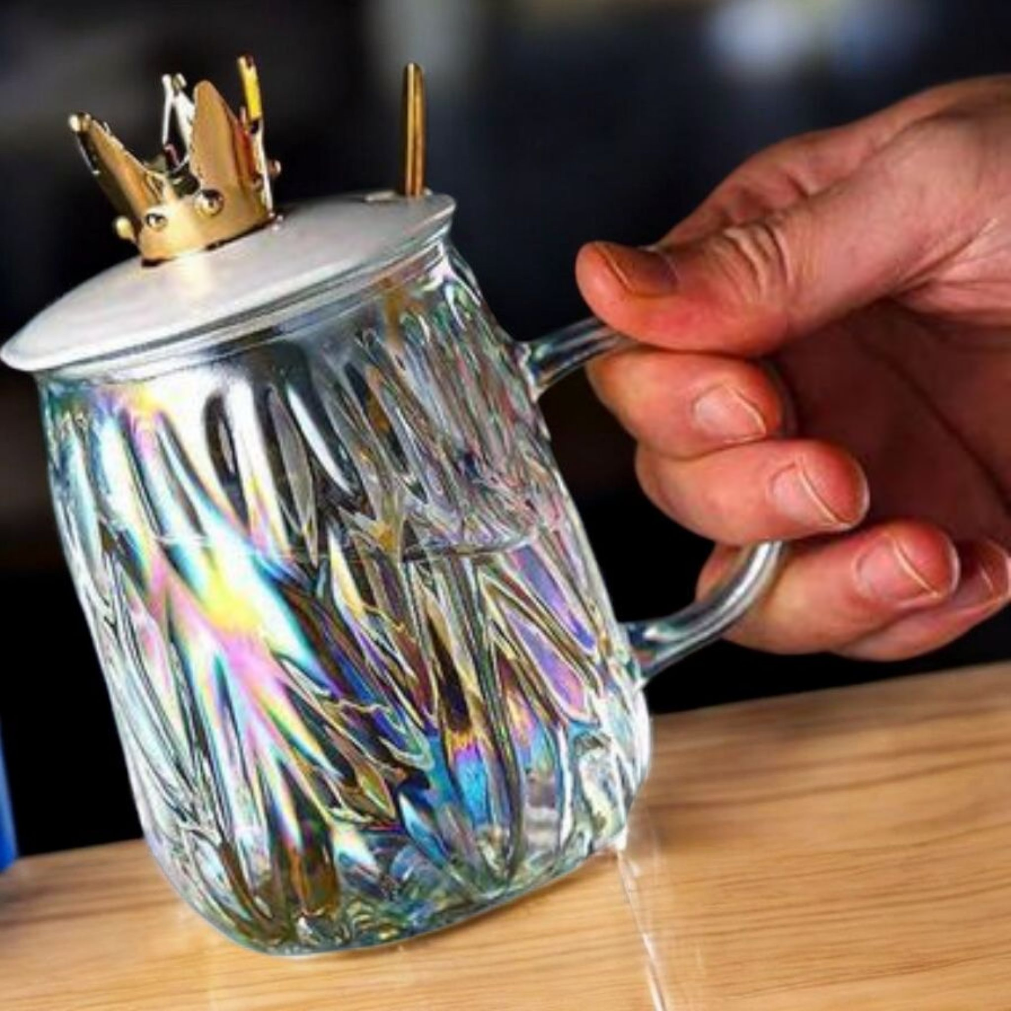 Borosilicate Glass Drinking Mug with Crown Lid & Spoon 450ml