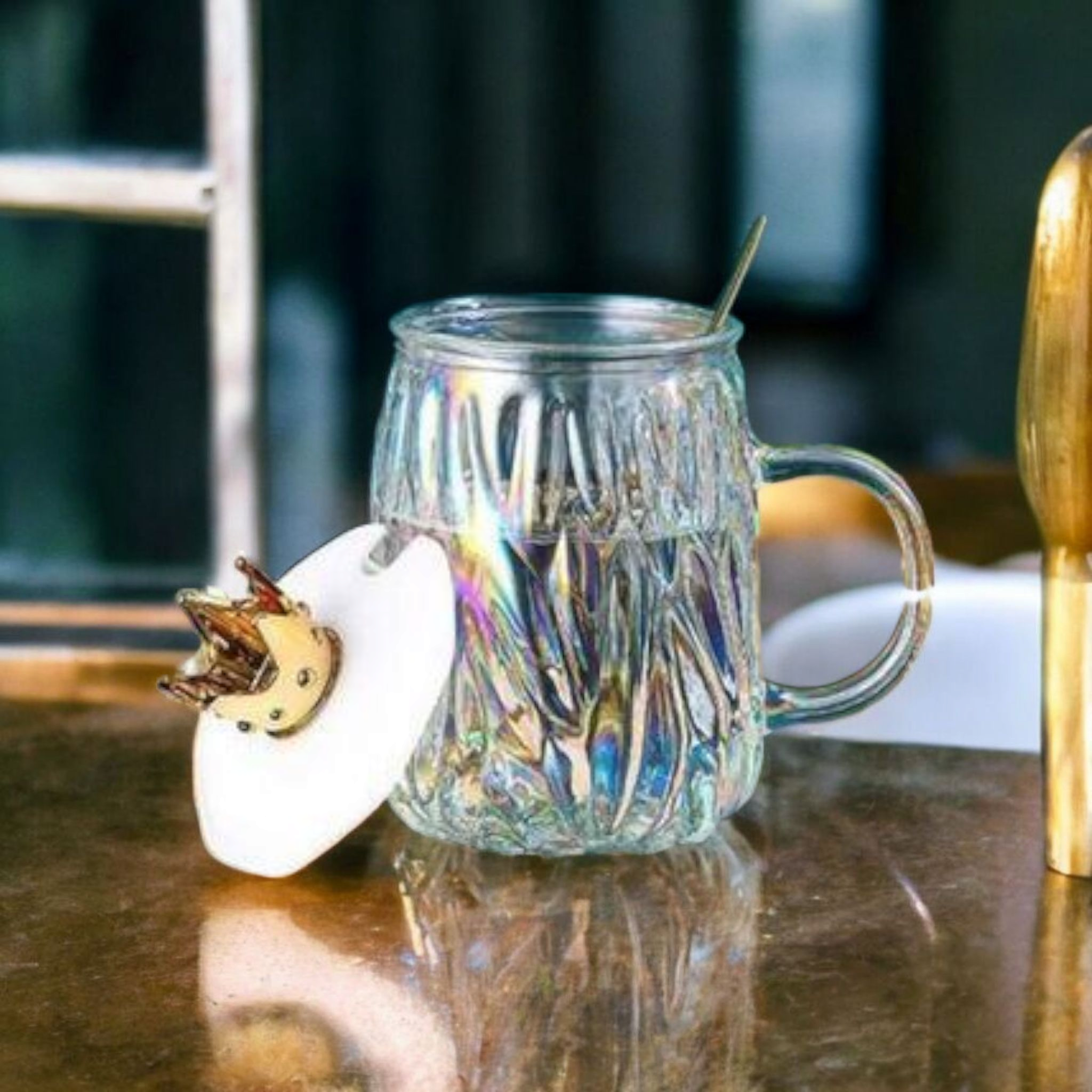 Borosilicate Glass Drinking Mug with Crown Lid & Spoon 450ml