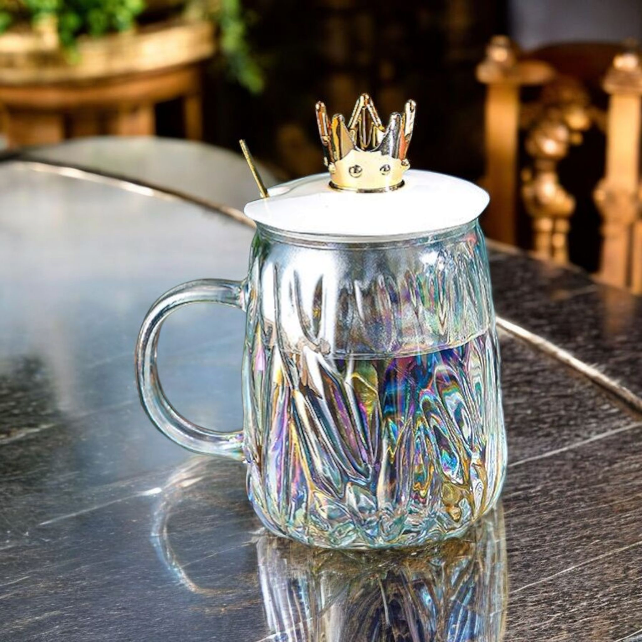 Borosilicate Glass Drinking Mug with Crown Lid & Spoon 450ml