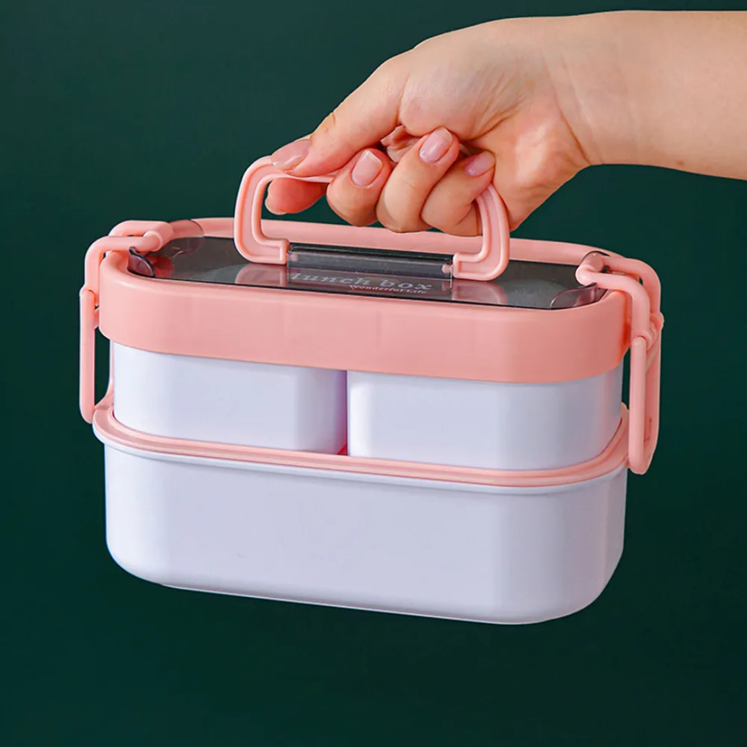 Wonderful Life Stackable Lunch Box Baby-Pink 4 Containers with Spoon & Fork 1000ml