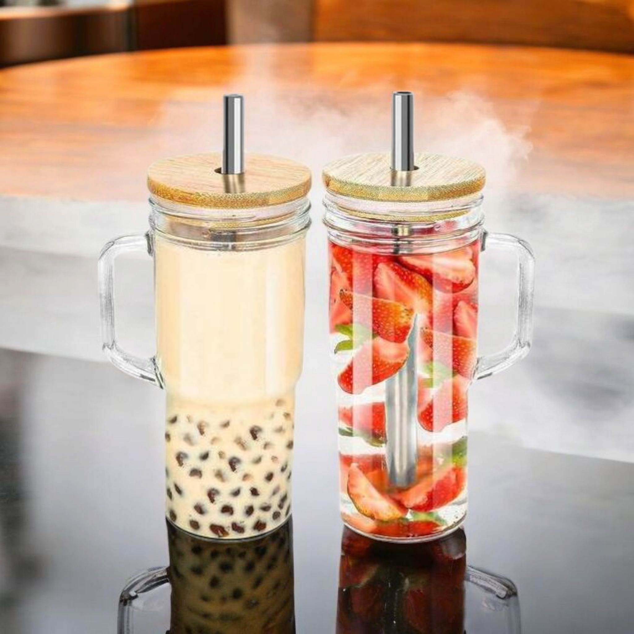 Aqua Glass Drinking Tumbler 1L with Bamboo Lid 2pack