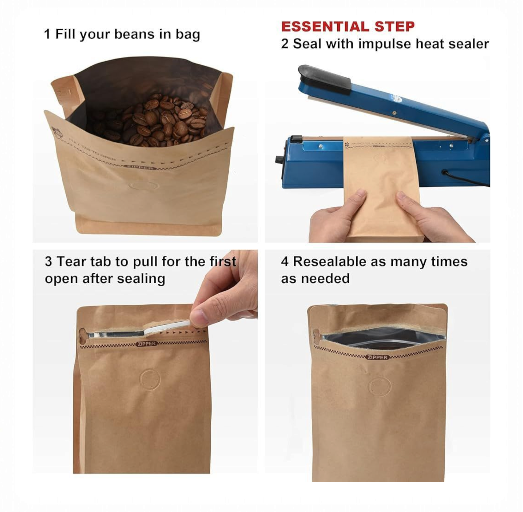 Aluminium Metalized Stand-up Coffee Bean Pouch Bag Reusable - Side Gusset Flat Bottom with Pull-tab & Side Window 10Pack