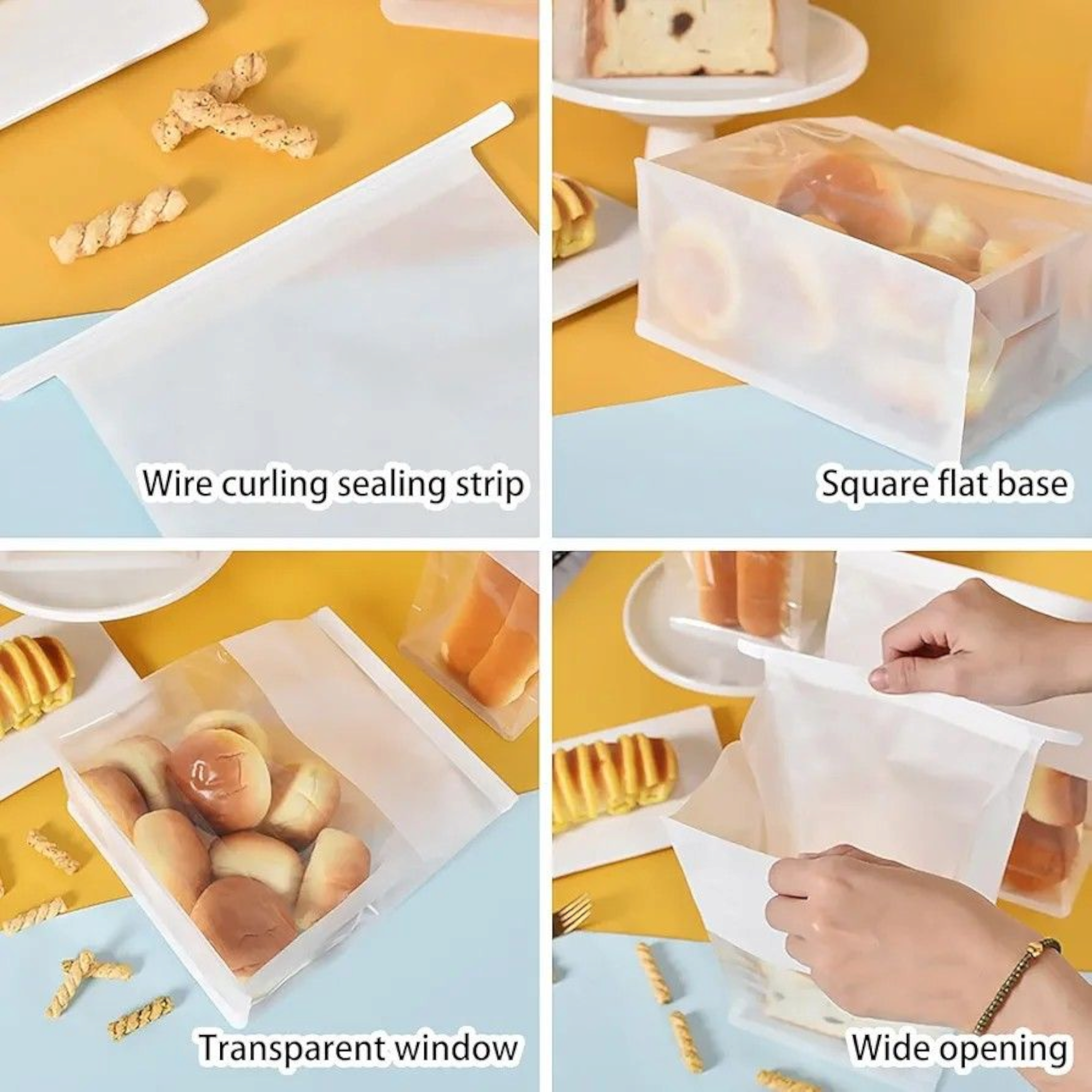 Food Grade Bakery Plastic Bags Transparent Side & Front Window Tissue Paper with Tin Tie 3D Flat Bottom 10pack