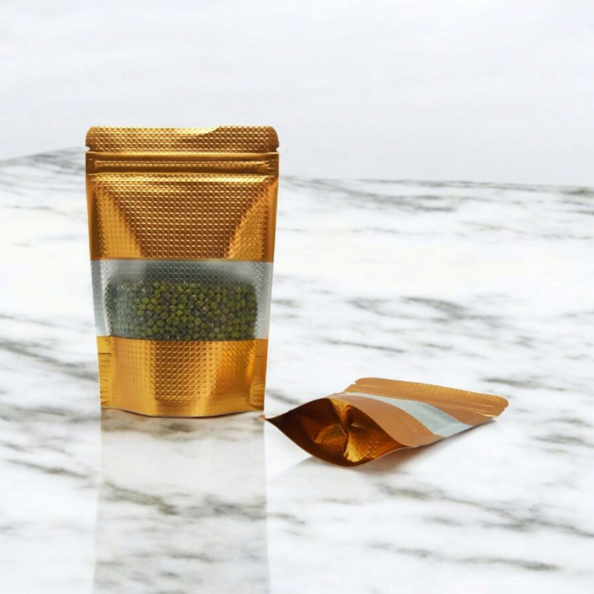 Aluminium Metalized Pouch Bags Zip Lock Resealable Foil Stand-Up with Window Gold Embossed 180mic 10pack