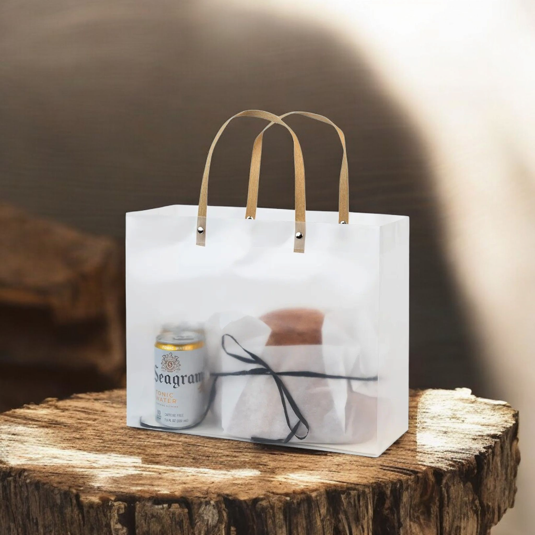 PVC Gift Bag Frosted Landscape - Plastic Reusable Bags with Brown Straw Handle