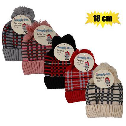 Beanie Kids Check with Tassle and Fleece 18cm