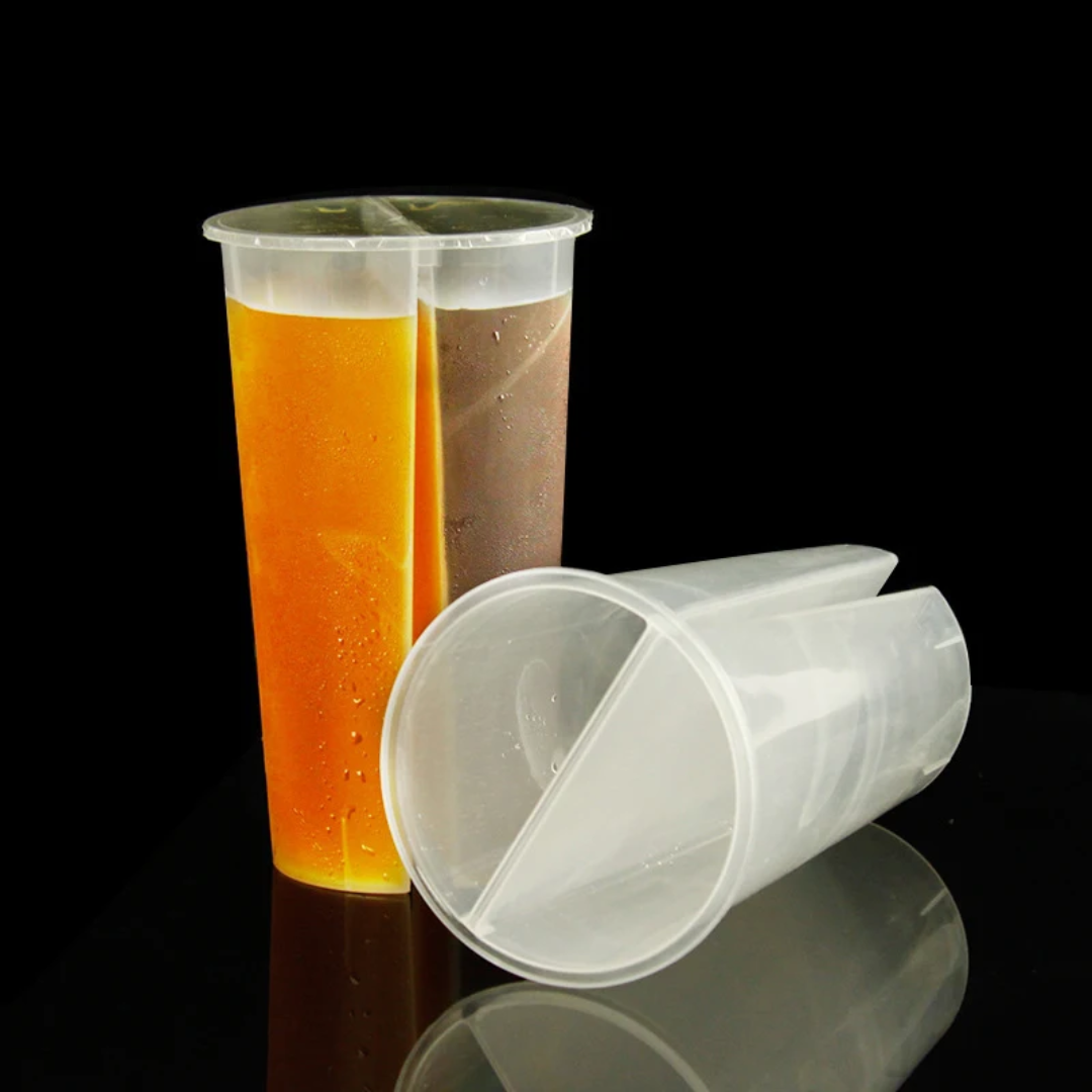 Double-Sided Split PP Plastic Cup 700ml Dual Flavor Beverage Drinking Tumbler with Disposable Lid