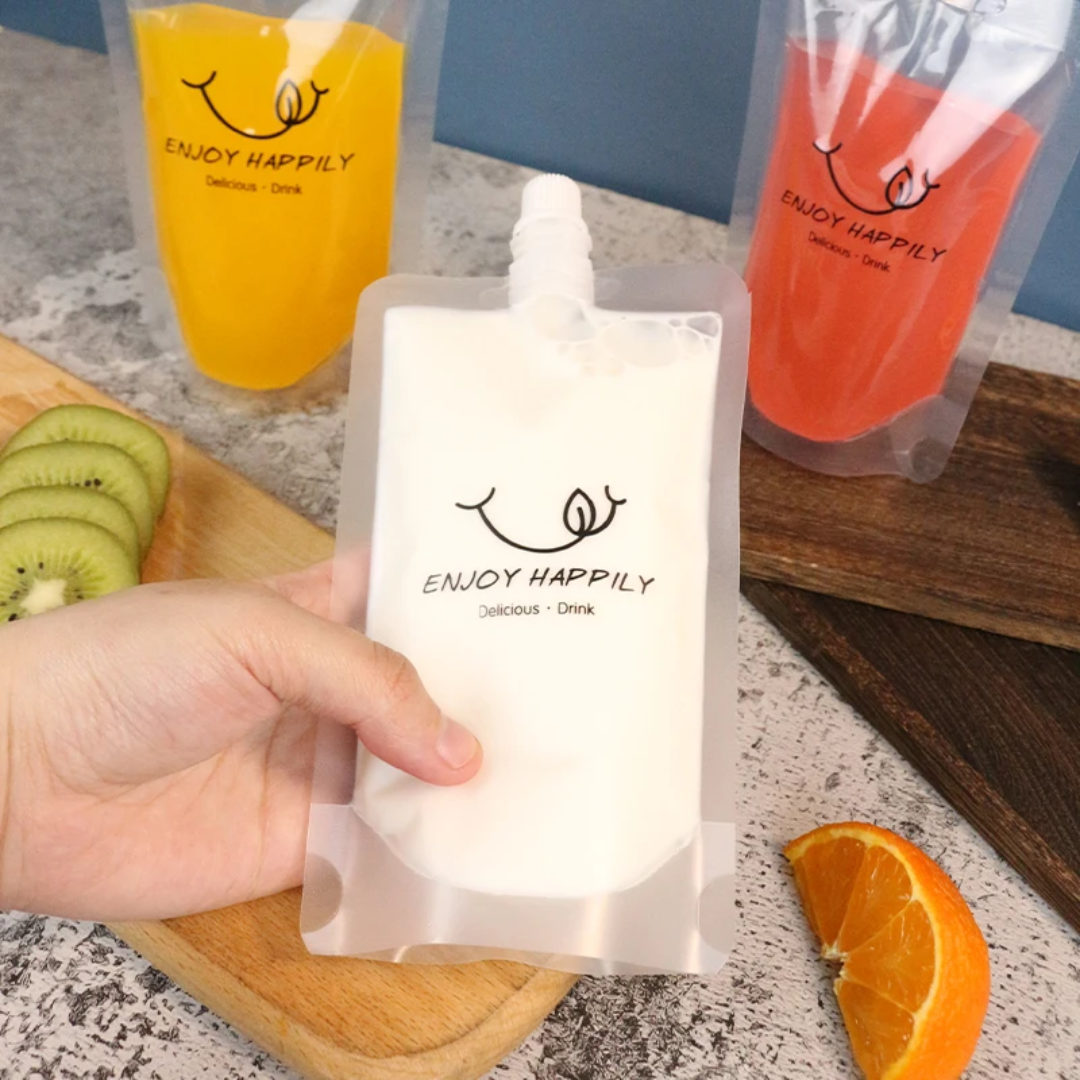 Drinking Pouch Bag Clear with Spout 100mic Resealable Stand-Up Beverage Packaging with Enjoy Happily Patterned