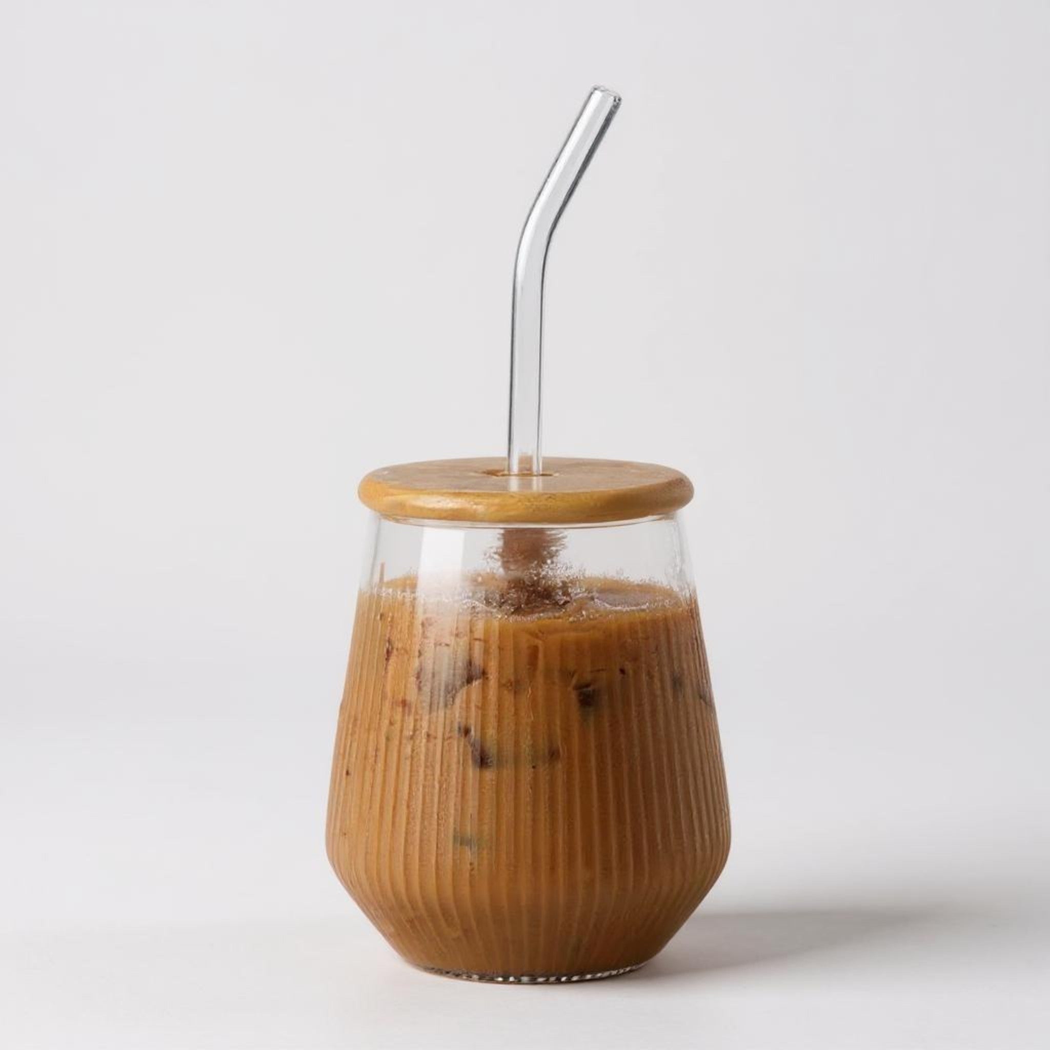 Glass Drinking Vertical Ribbed Cup 500ml with Bamboo Lid & Curved Straw 7x11cm