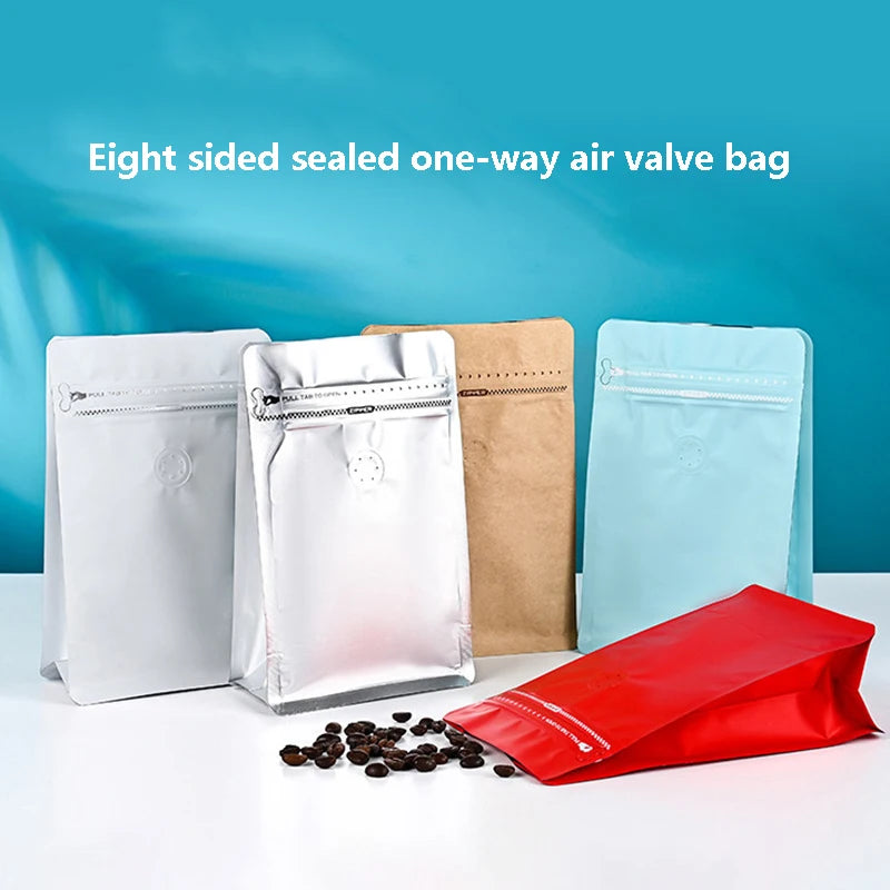 Aluminium Metalized Stand-up Coffee Bean Pouch Bag Bottom Gusset Landscape - Vacuum Seal Pull-tab with Air Valve Resealable 10Pack