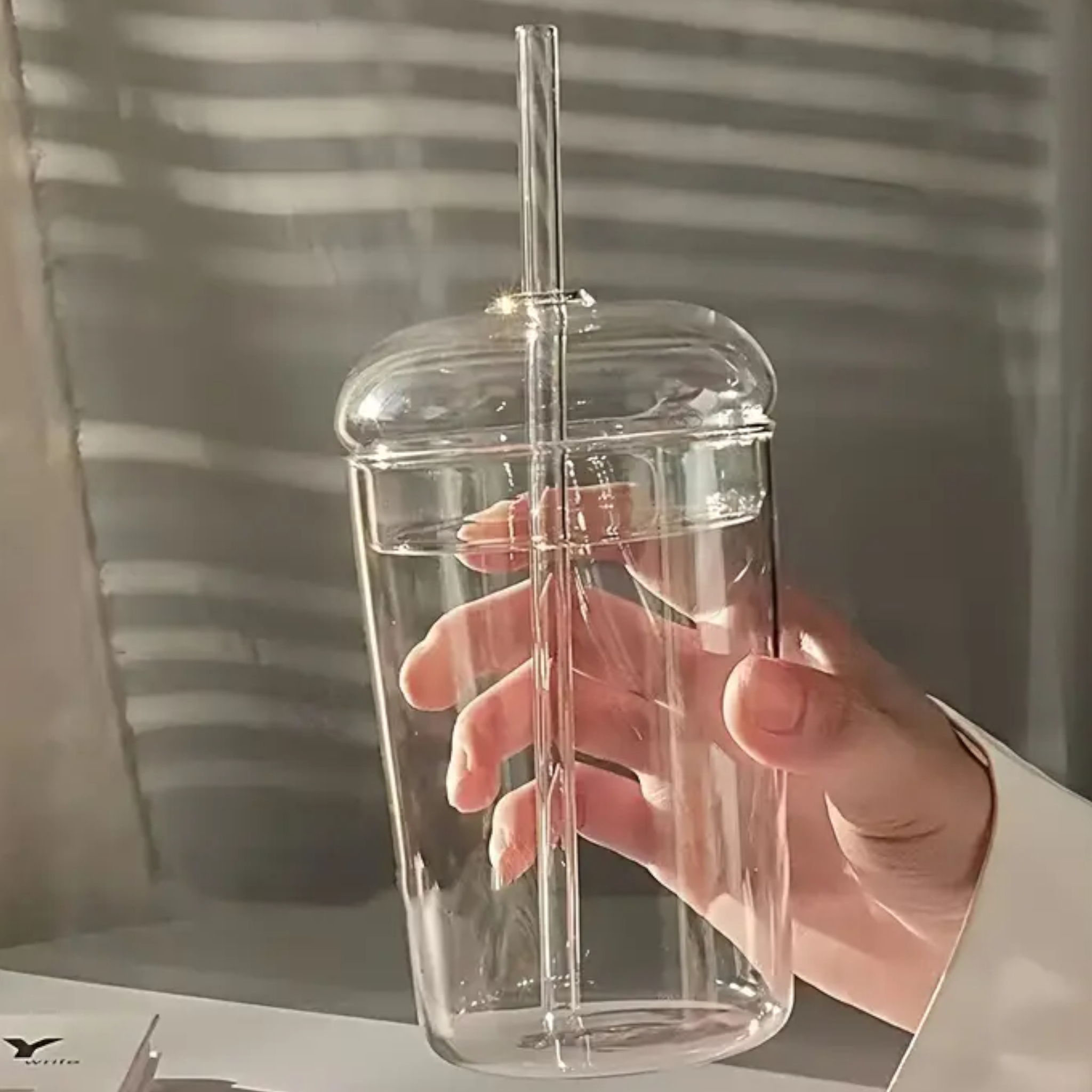 Clear Drinking Borosilicate Glass Cup with Lid and Straw 450ml-20cm