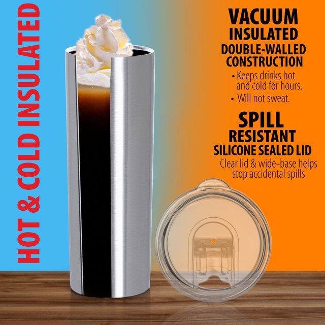 Skinny Metallic Thermos Drinking Tumbler 590ml Stainless Steel with Lid & Straw