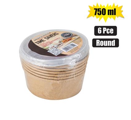 Timesavers Kraft Paper Bowl 750ml - Food Lunch Container Round with Clear Lid 6pcs