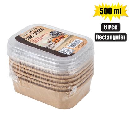 Timesavers Kraft Paper Bowl 500ml - Food Lunch Container Rectangular with Clear Lid 6pcs