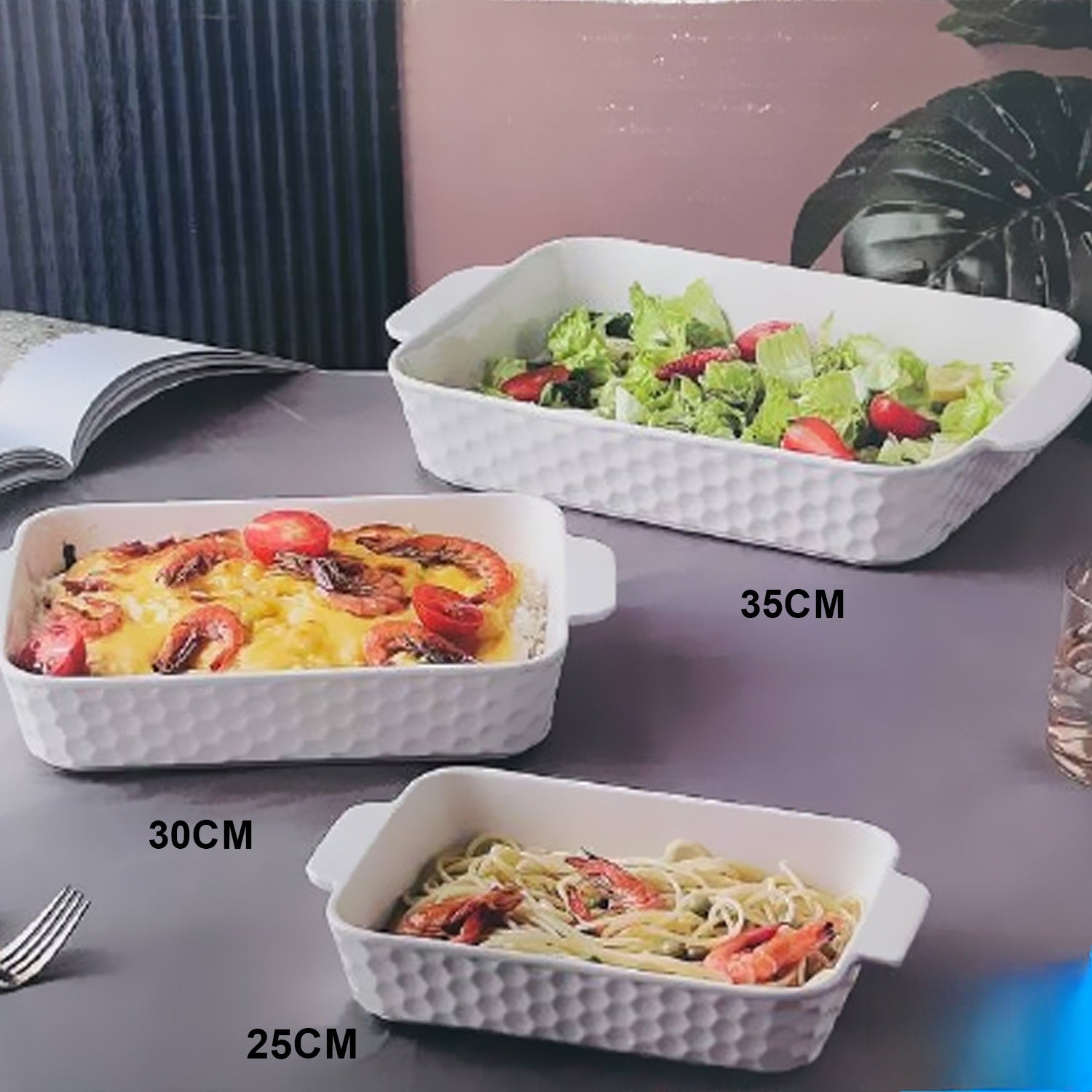 White Ceramic Casserole Baking Dish Rectangular 3pc Set 10-12-14inch