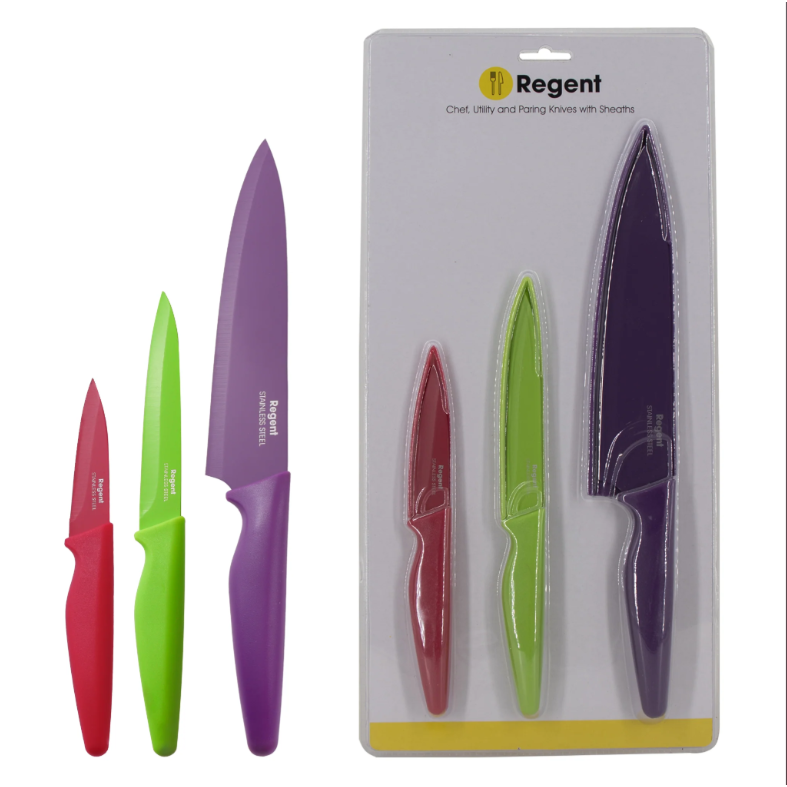 Regent 3 Piece Kitchen Chef Utility Paring Coloured Knives with Sheaths 3pcs Set