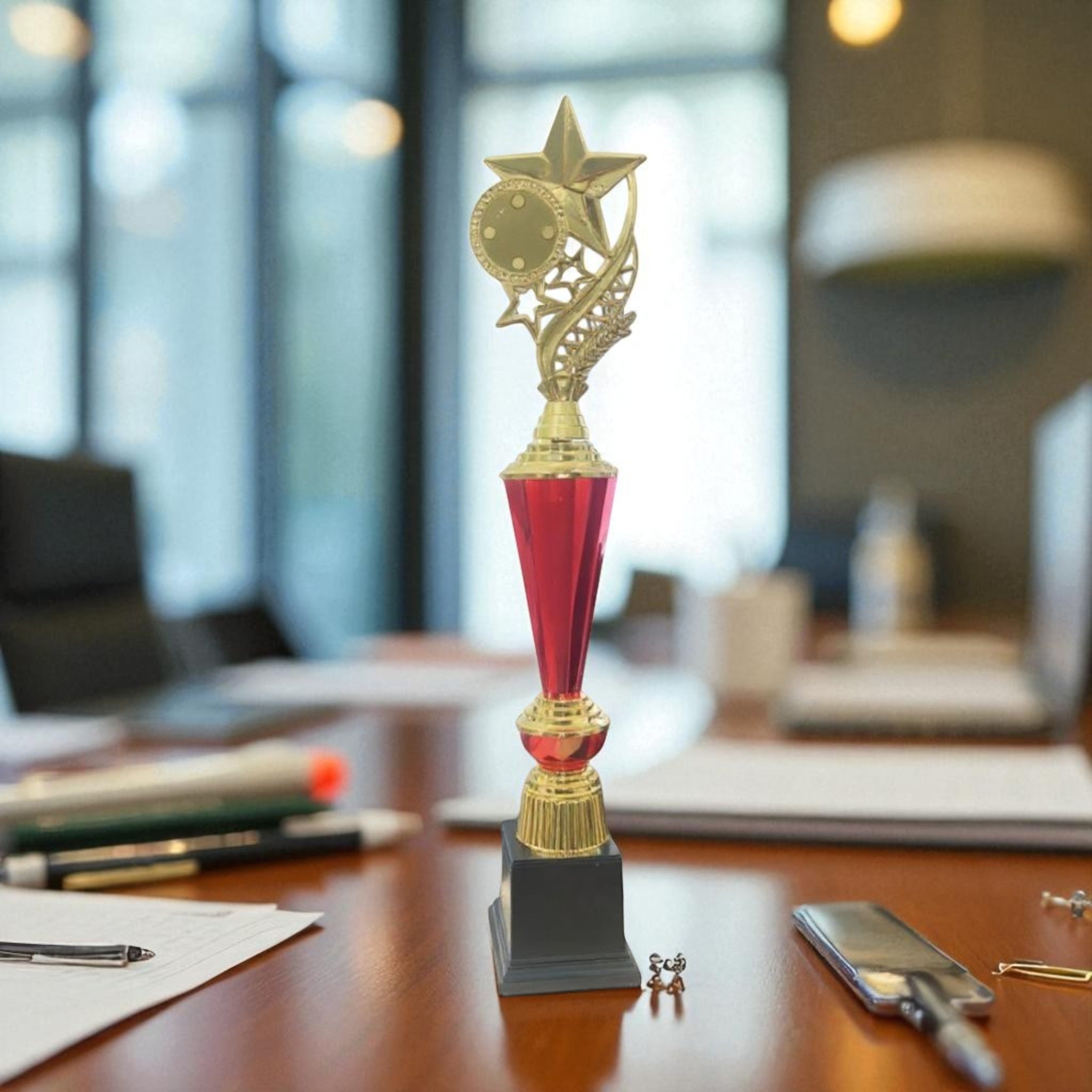 Gold and Red Plastic Crecent Trophy On Black Base 40cm