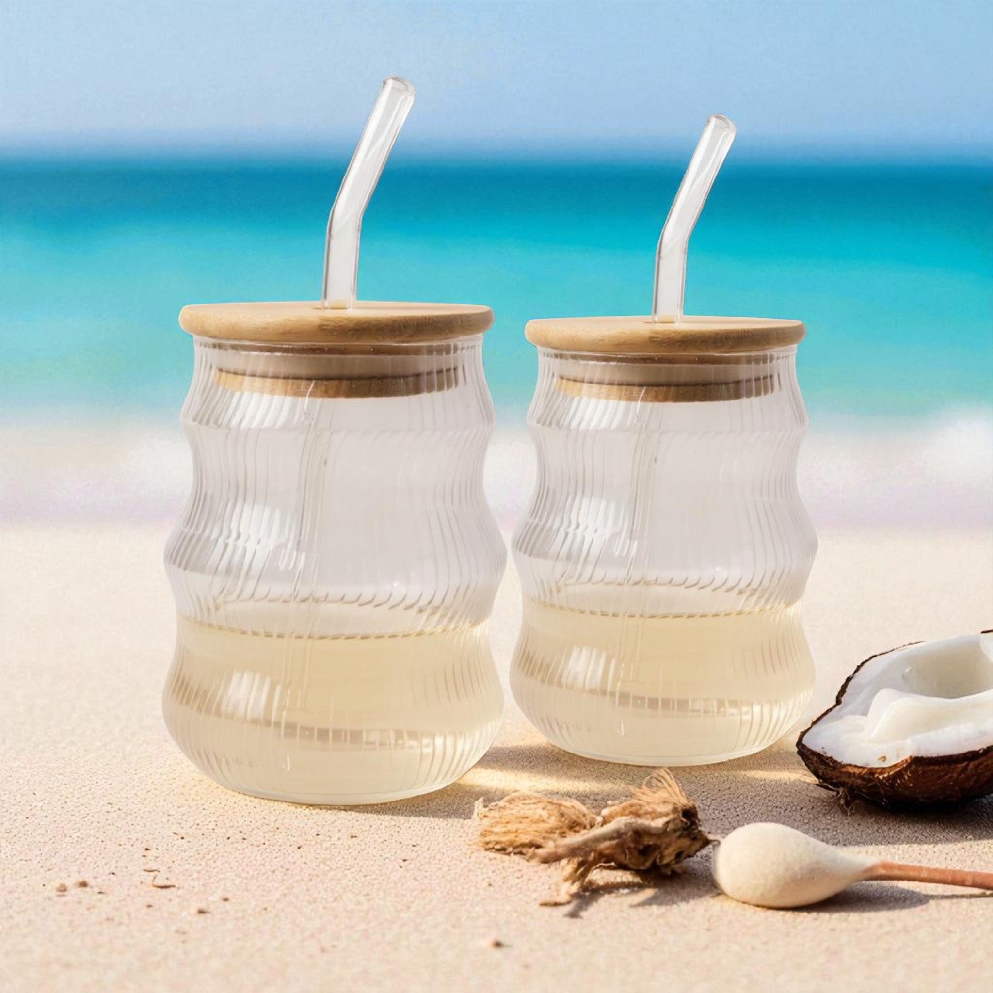 Glass Drinking Wavy Cup Ribbed with Bamboo Lid & Glass Curved Straw 550ml 7x12.5cm