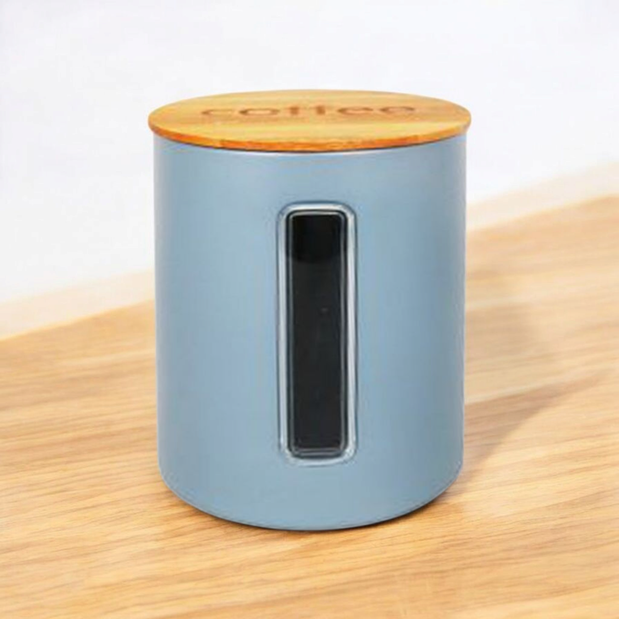 Aqua Canister Coffee Tin Grey with Bamboo Lid and side Window 26577
