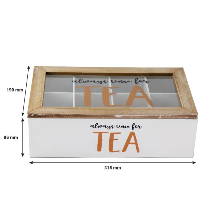 Regent Kitchen Tea Box with 8-Partitions Wood & Glass with Clear Top Window