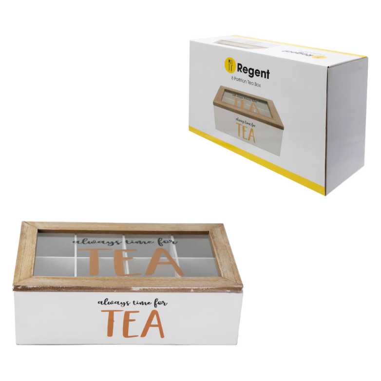 Regent Kitchen Tea Box with 8-Partitions Wood & Glass with Clear Top Window