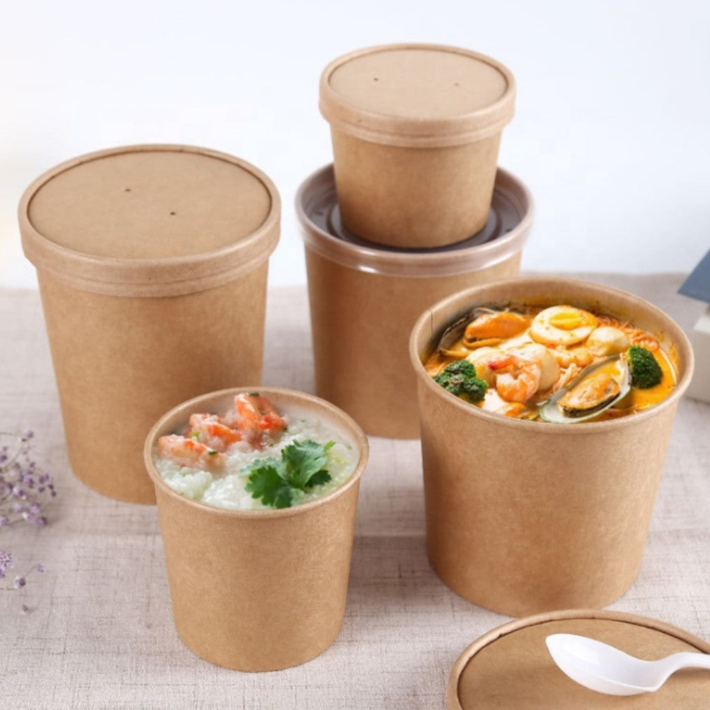 Kraft Paper Double Wall Ice Cream Cup 470ml Vintage Kraft Tubs with Vented Lid 10pack