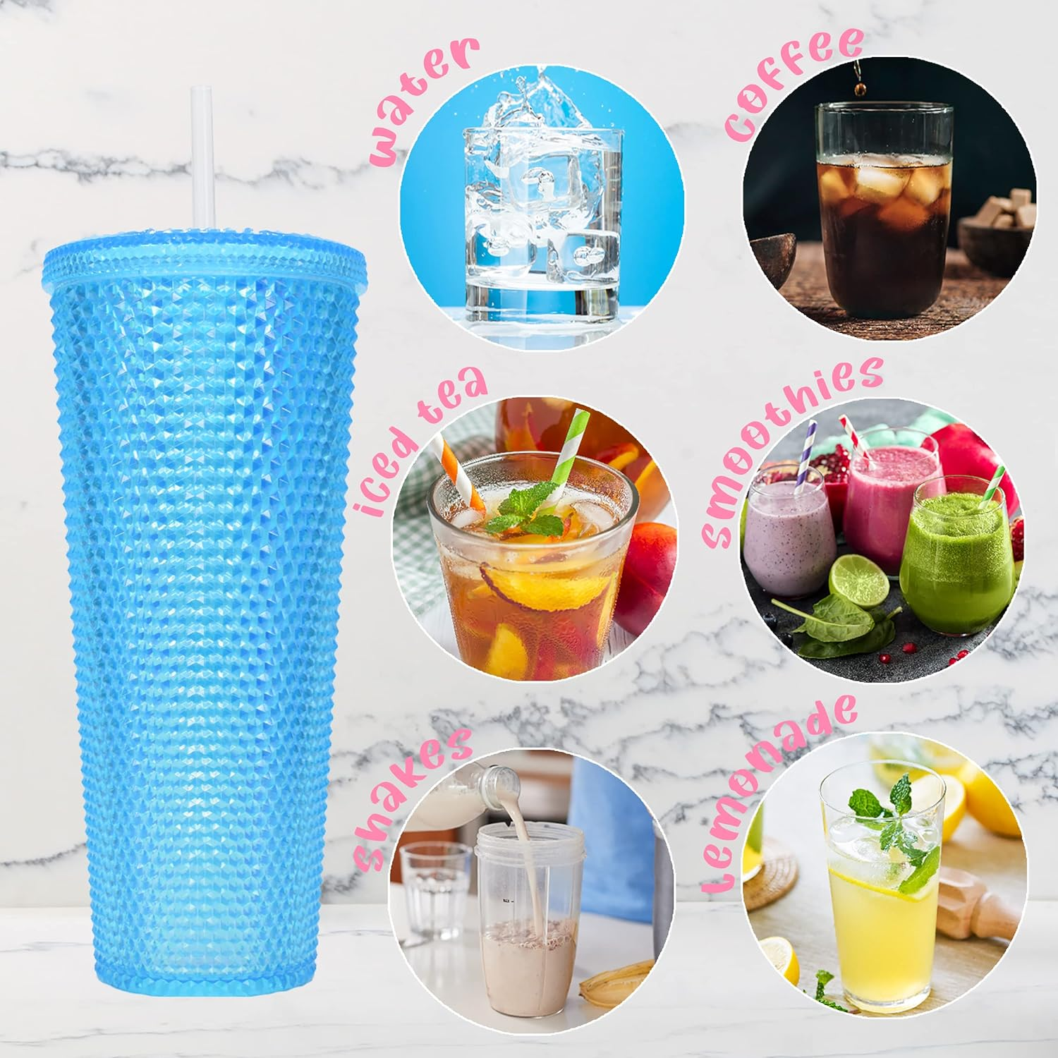 Studded Drinking Tumblers 720ml Smoothie Glitter Cup & Straw