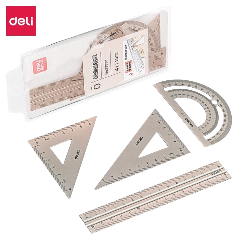 Deli Metal Ruler Drawing Set 15cm Set Silver