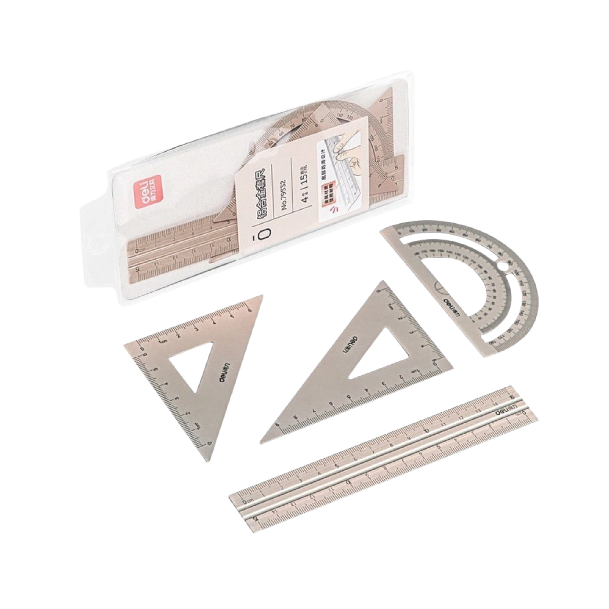 Deli Metal Ruler Drawing Set 15cm Set Silver