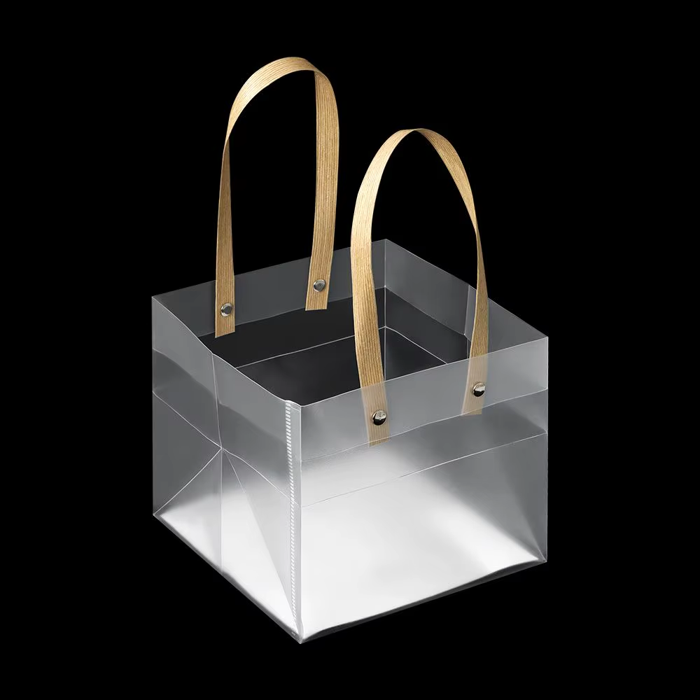 PVC Gift Box Bag Square Frosted with Brown Straw Handle